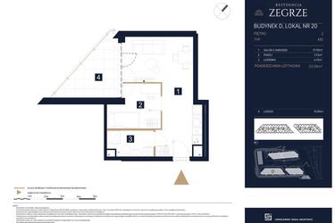 Rzut - Mieszkanie na sprzedaż 1 pokój o powierzchni 33,58 m² - numer D20 w Rezydencja Zegrze etap III