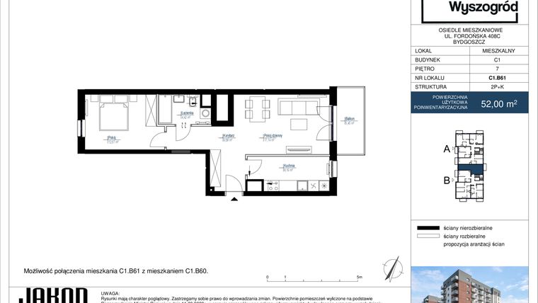 Rzut - Mieszkanie na sprzedaż 2 pokoje o powierzchni 52 m² - numer C1.B61 w Nowy Wyszogród etap II