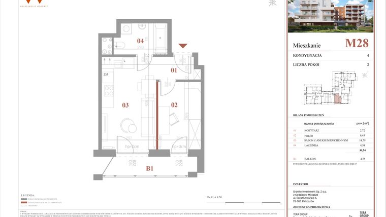 Rzut - Mieszkanie na sprzedaż 2 pokoje o powierzchni 30,54 m² - numer M28 w Warszawskie Wzgórze