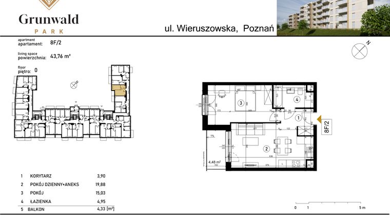 Rzut - Mieszkanie na sprzedaż 2 pokoje o powierzchni 43,76 m² - numer 8 F/2 w Grunwald Park