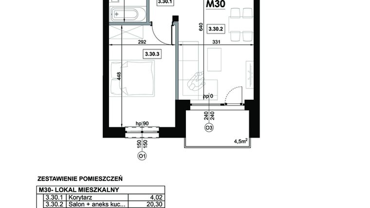 Rzut - Mieszkanie na sprzedaż 2 pokoje o powierzchni 41,75 m² - numer M30 w Miejska Premium II