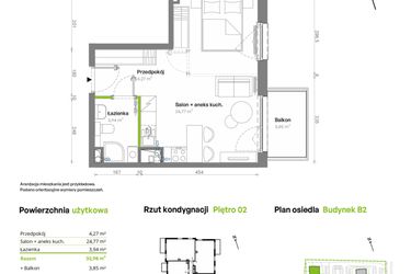 Rzut - Mieszkanie na sprzedaż 1 pokój o powierzchni 32,98 m² - numer B2.02.19 w Południe Vita