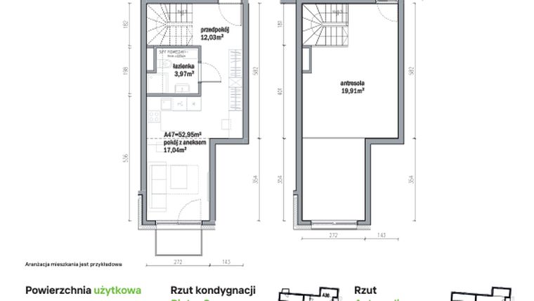 Rzut - Mieszkanie na sprzedaż 2 pokoje o powierzchni 52,95 m² - numer A47 w Traugutta Vita