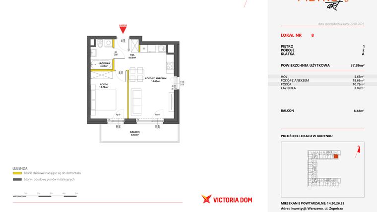 Rzut - Mieszkanie na sprzedaż 2 pokoje o powierzchni 37,86 m² - numer 8 w Metro Art 6