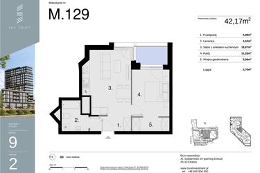 Rzut - Mieszkanie na sprzedaż 2 pokoje o powierzchni 42,17 m² - numer M129 w Sky Trust etap II