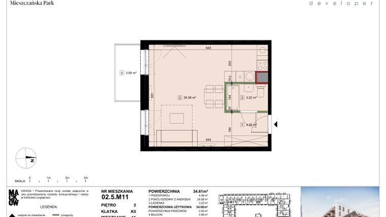 Rzut - Mieszkanie na sprzedaż 1 pokój o powierzchni 34,06 m² - numer 02.5.M11 w Mieszczańska Park