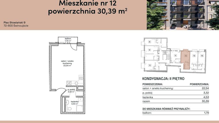 Rzut - Mieszkanie na sprzedaż 1 pokój o powierzchni 30,39 m² - numer M12 w Plac Słowiański 9