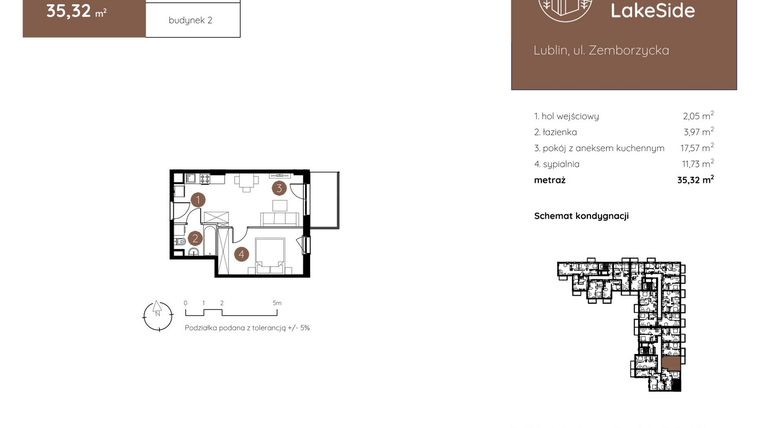 Rzut - Mieszkanie na sprzedaż 2 pokoje o powierzchni 35,32 m² - numer 2.A.5.03 w Murapol LakeSide
