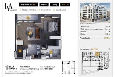 Rzut - Mieszkanie na sprzedaż 1 pokój o powierzchni 51,45 m² - numer M1.3 w La Vie Art