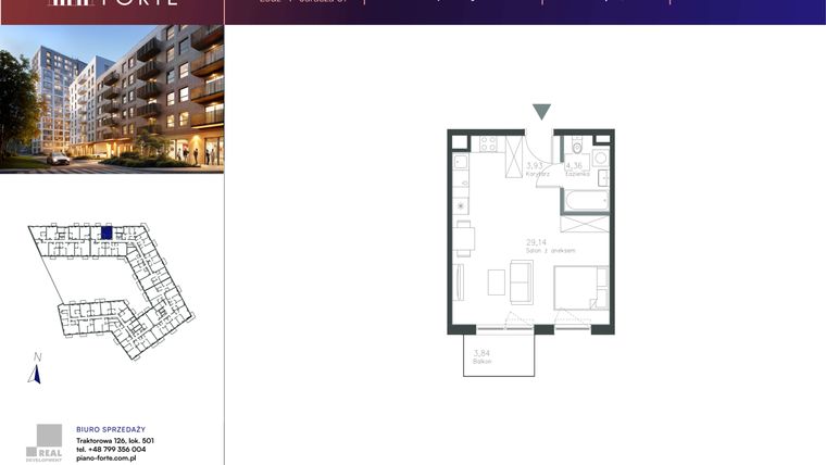 Rzut - Mieszkanie na sprzedaż 1 pokój o powierzchni 37,43 m² - numer B.3.68 w Piano
