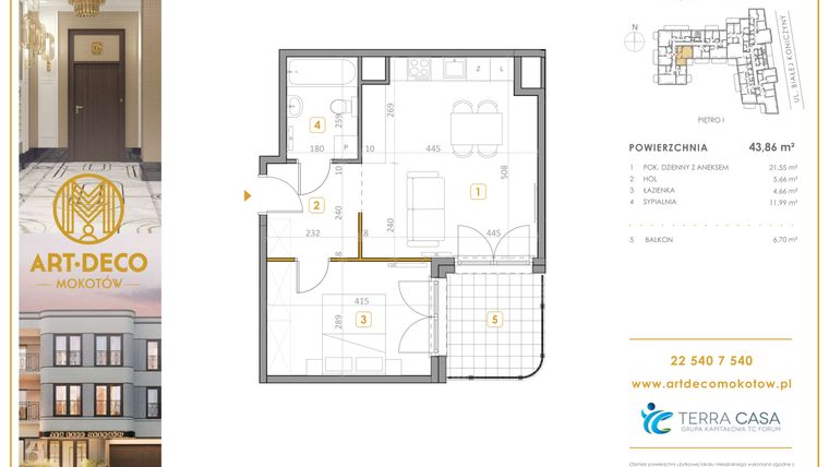 Rzut - Mieszkanie na sprzedaż 2 pokoje o powierzchni 43,86 m² - numer M19 w Art Deco Mokotów Pola