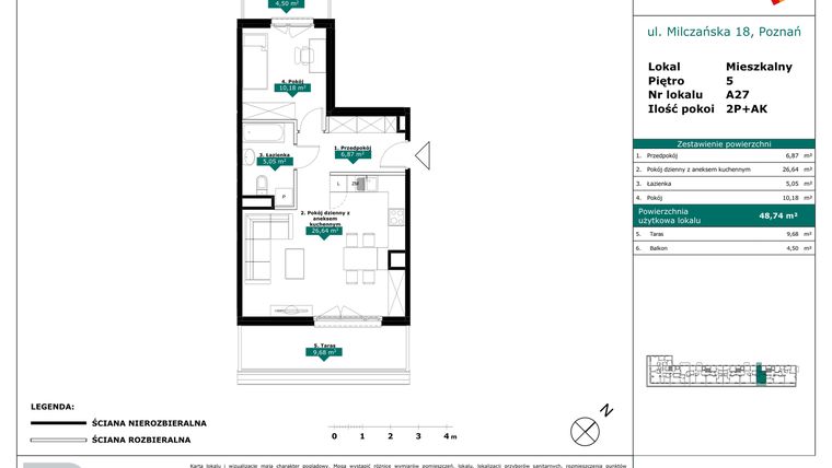 Rzut - Mieszkanie na sprzedaż 2 pokoje o powierzchni 48,74 m² - numer A27 w Milczańska 18