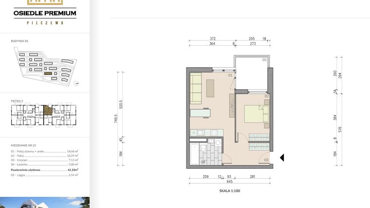 Rzut - Mieszkanie na sprzedaż 2 pokoje o powierzchni 41,1 m² - numer B1.23 w Osiedle Premium etap IV
