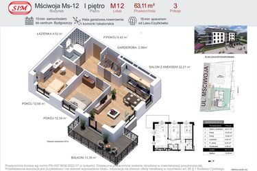 Rzut - Mieszkanie na sprzedaż 3 pokoje o powierzchni 63,11 m² - numer 12 w Mściwoja MS-12