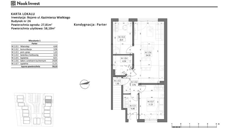 Rzut - Mieszkanie na sprzedaż 3 pokoje o powierzchni 58,1 m² - numer 2A w Bojano, ul. Kazimierza Wielkiego