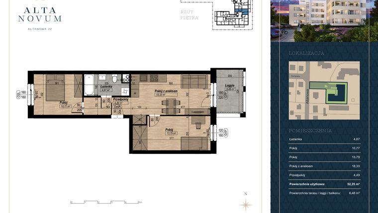 Rzut - Mieszkanie na sprzedaż 3 pokoje o powierzchni 52,25 m² - numer 19 w Alta Novum