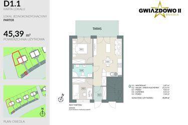 Rzut - Mieszkanie na sprzedaż 3 pokoje o powierzchni 45,39 m² - numer D1.1 w Gwiazdowo II