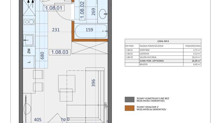 Rzut - Mieszkanie na sprzedaż 1 pokój o powierzchni 26,09 m² - numer 8 w Osiedle Zycha