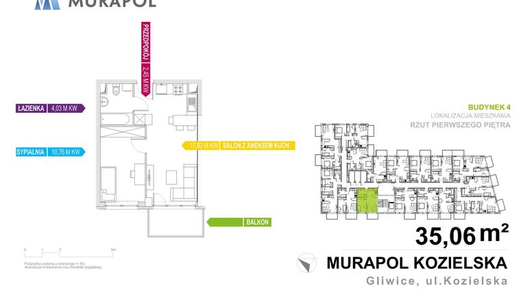 Rzut - Mieszkanie na sprzedaż 2 pokoje o powierzchni 35,06 m² - numer 4.1.1 w Murapol Osiedle Parkowe