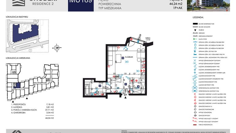 Rzut - Mieszkanie na sprzedaż 1 pokój o powierzchni 44,24 m² - numer MU189 w Chodźki Residence 2 - apartamenty inwestycyjne
