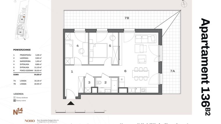 Rzut - Mieszkanie na sprzedaż 3 pokoje o powierzchni 65,28 m² - numer B2.136 w Nadgórników 14