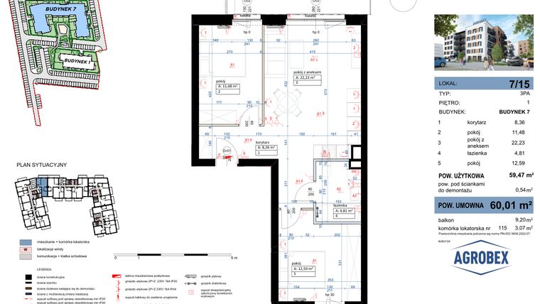 Rzut - Mieszkanie na sprzedaż 3 pokoje o powierzchni 60,01 m² - numer 7/15 w Nove Garby