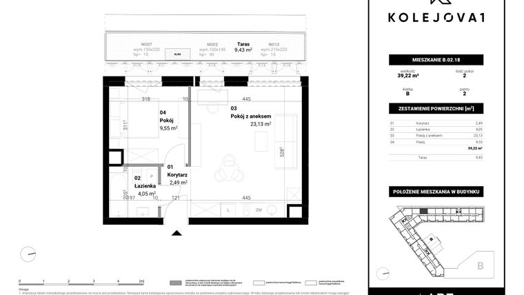 Rzut - Mieszkanie na sprzedaż 2 pokoje o powierzchni 39,22 m² - numer B-02-18 w Kolejova 1