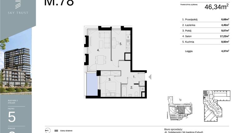 Rzut - Mieszkanie na sprzedaż 2 pokoje o powierzchni 46,34 m² - numer M78 w Sky Trust etap II