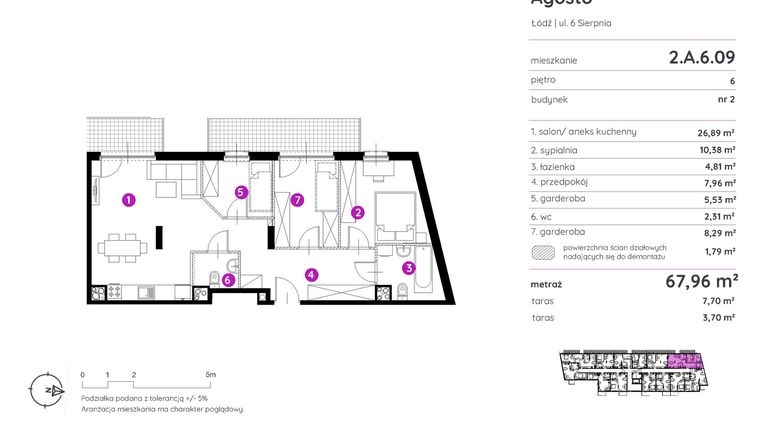 Rzut - Mieszkanie na sprzedaż 2 pokoje o powierzchni 67,68 m² - numer 2.A.6.09 w Murapol Agosto
