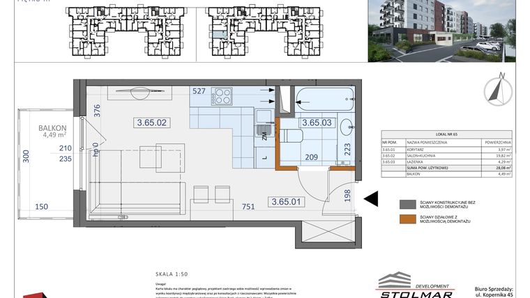 Rzut - Mieszkanie na sprzedaż 1 pokój o powierzchni 28,08 m² - numer 65 w Osiedle Zycha