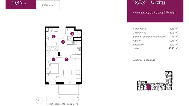 Rzut - Mieszkanie na sprzedaż 2 pokoje o powierzchni 43,46 m² - numer 3.B.7.03 w Murapol Urcity