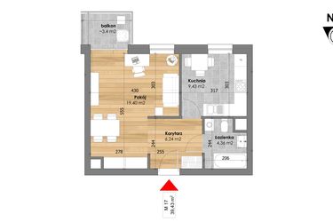 Rzut - Mieszkanie na sprzedaż 1 pokój o powierzchni 39,43 m² - numer M17 w Przy Kochanowskiego