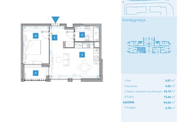 Rzut - Mieszkanie na sprzedaż 2 pokoje o powierzchni 44,68 m² - numer 2 w Apartamenty Macadamia