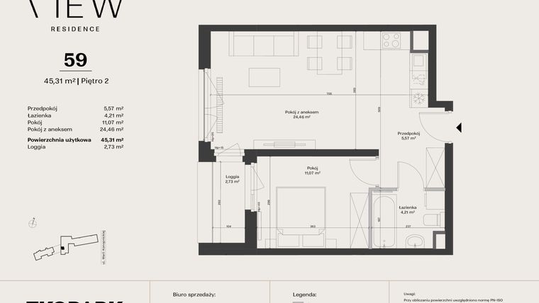 Rzut - Mieszkanie na sprzedaż 2 pokoje o powierzchni 45,31 m² - numer 59 w The View