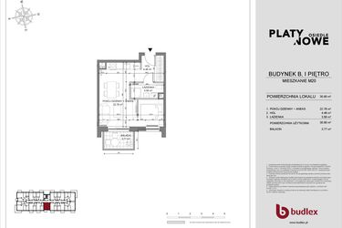 Rzut - Mieszkanie na sprzedaż 1 pokój o powierzchni 30,8 m² - numer B.20 w Osiedle Platynowe