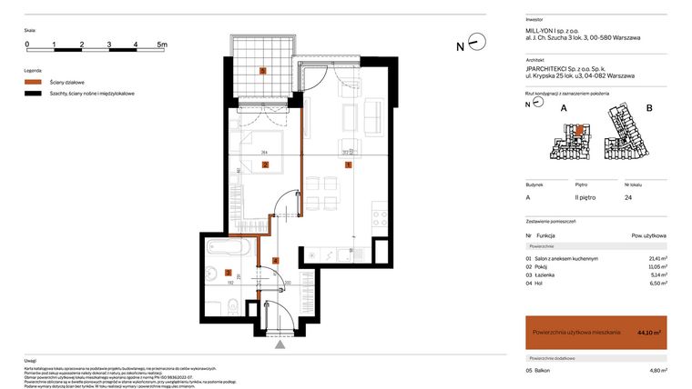 Rzut - Mieszkanie na sprzedaż 2 pokoje o powierzchni 44,1 m² - numer 24 w MY Głębocka