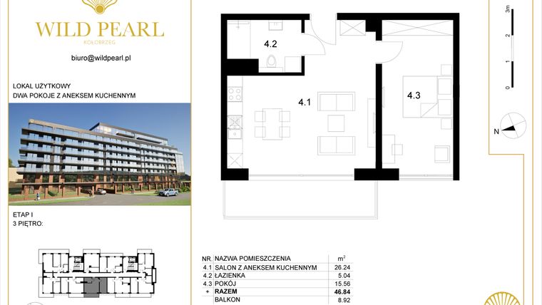 Rzut - Mieszkanie na sprzedaż 2 pokoje o powierzchni 46,84 m² - numer 3.4 w Wild Pearl - apartamenty inwestycyjne