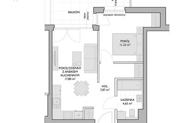 Rzut - Mieszkanie na sprzedaż 2 pokoje o powierzchni 41,55 m² - numer WO/P3/52 w Wiszące Ogrody