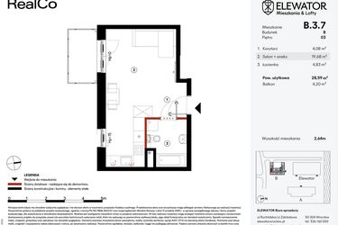 Rzut - Mieszkanie na sprzedaż 1 pokój o powierzchni 28,59 m² - numer B.3.7 w Elewator - Mieszkania i Lofty