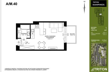 Rzut - Mieszkanie na sprzedaż 1 pokój o powierzchni 31,76 m² - numer A_M40 w Triton Kampinos III