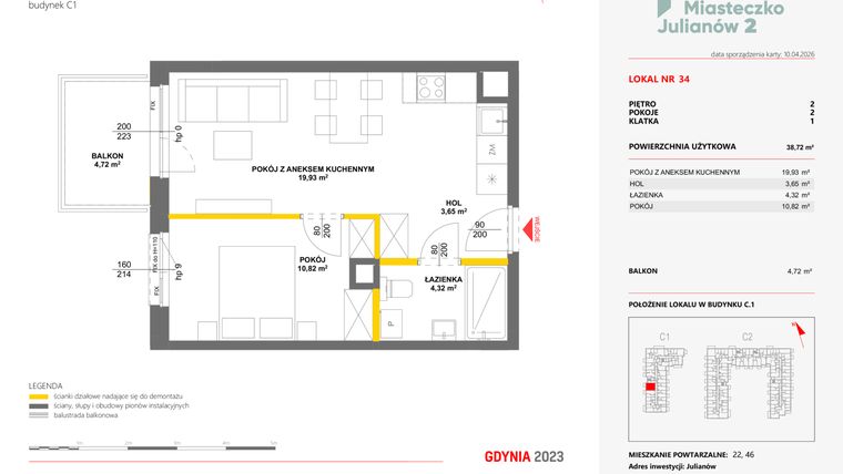 Rzut - Mieszkanie na sprzedaż 2 pokoje o powierzchni 38,72 m² - numer 34 w Miasteczko Julianów etap 2