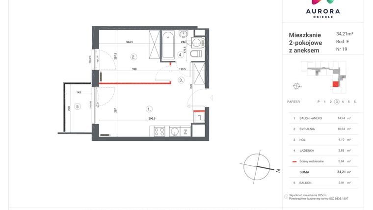 Rzut - Mieszkanie na sprzedaż 2 pokoje o powierzchni 34,21 m² - numer E-19 w Osiedle Aurora