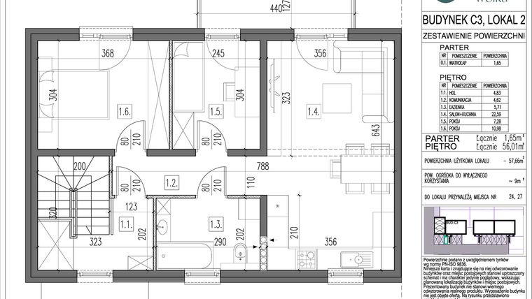 Rzut - Mieszkanie na sprzedaż 3 pokoje o powierzchni 57,66 m² - numer C3/2 w Spokojna Wólka etap IV