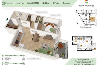 Rzut - Mieszkanie na sprzedaż 2 pokoje o powierzchni 46,46 m² - numer B2.M11 w Tutaj Bunscha