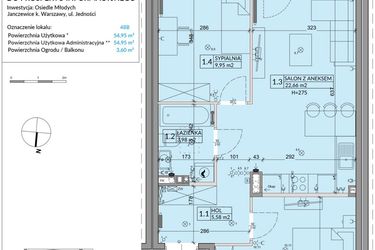 Rzut - Mieszkanie na sprzedaż 3 pokoje o powierzchni 54,95 m² - numer 48B w Osiedle Młodych etap VIII