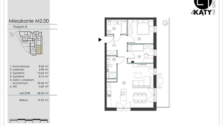 Rzut - Mieszkanie na sprzedaż 3 pokoje o powierzchni 68,32 m² - numer M2.00 w 4 Kąty na Szkolnej