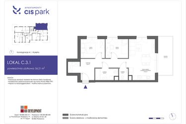 Rzut - Mieszkanie na sprzedaż 3 pokoje o powierzchni 56,21 m² - numer C.3.1 w CIS Park