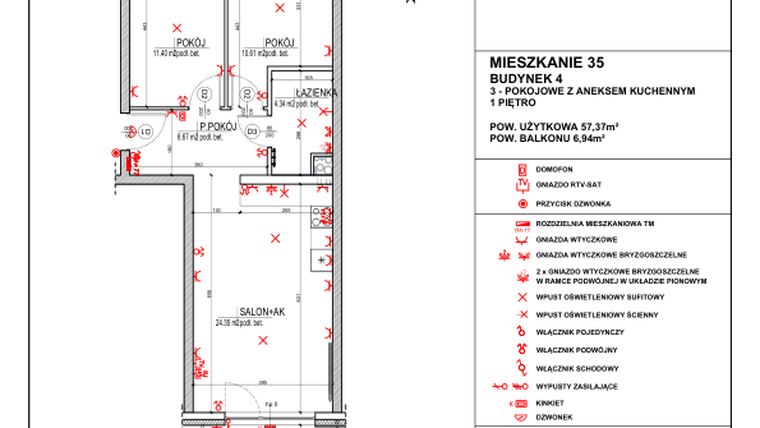 Rzut - Mieszkanie na sprzedaż 3 pokoje o powierzchni 57,37 m² - numer 4.35 w Osiedle 4 Pory Roku - Etap VII
