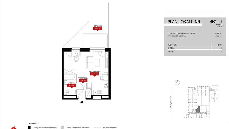 Rzut - Mieszkanie na sprzedaż 1 pokój o powierzchni 32,42 m² - numer BR11/1 w Browary Wrocławskie 2