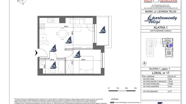 Rzut - Mieszkanie na sprzedaż 2 pokoje o powierzchni 39,19 m² - numer 17 w Apartamenty Teligi
